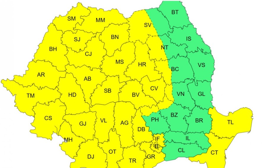 Cod galben de vânt puternic pentru mai multe regiuni din țară, miercuri