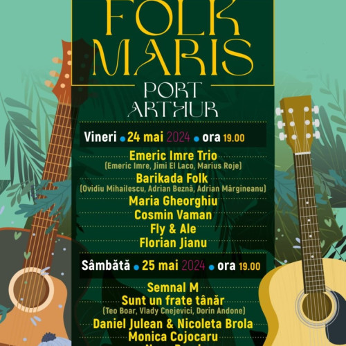 Ediția 2024 a festivalului "Folk Maris" va avea loc la Port Arthur, Arad, cu concerte de muzică folk și bucate românești. Intrarea va fi liberă, iar publicul de toate vârstele este invitat să participe la spectacol. Programul celor două seri de concerte include artiști renumiți din țară, precum Emeric Imre, Barikada Folk și Semnal M. Festivalul este organizat de Primăria Municipiului Arad și Centrul Municipal de Cultură Arad.